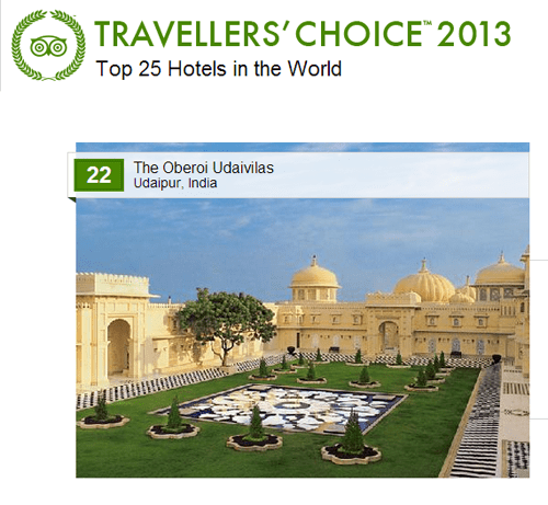 Travellers' Choice 2013: Oberoi Udaivilas, Top 25 Hotels of the World, #1 in India