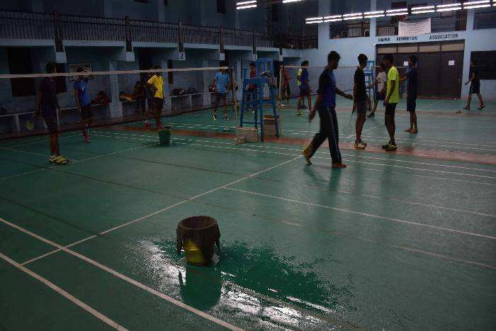 Rain disturbs Badminton match in indoor stadium