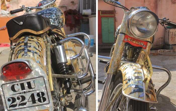 Udaipur Artist embeds Royal Enfield motorcycle with 27kg Sea Shells