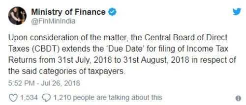 IT Returns for AY 2018-19 extended – can be filed till 31 August without penalty