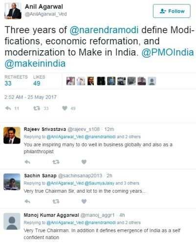 Anil Agarwal of Vedanta Tweets on 3 years of Narendra Modi