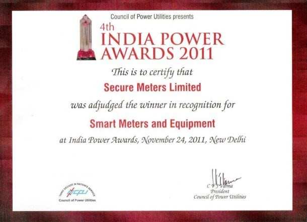 Secure Meters wins India Power Award 2011