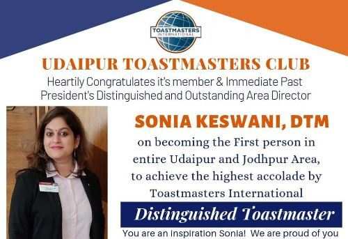Udaipur Director Sonia Keswani becomes the first International Distinguished Toastmaster in Udaipur 