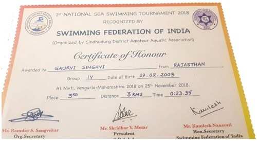 Gaurvi comes 3rd in First Sea Swimming Competition organised by SFI