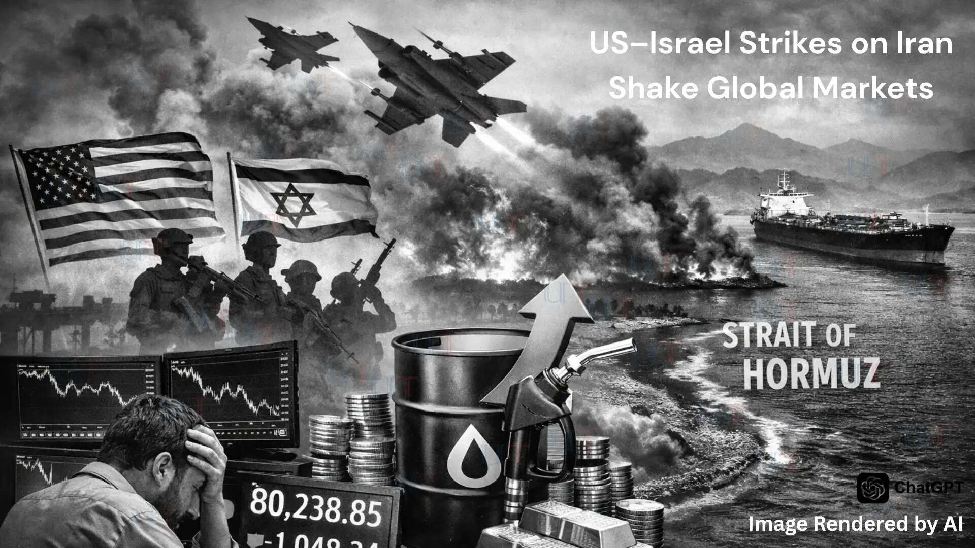 Middle East conflict map showing Iran, Israel and Strait of Hormuz with oil tankers and rising crude prices impacting global markets