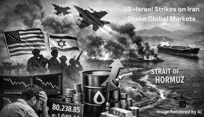 Middle East conflict map showing Iran, Israel and Strait of Hormuz with oil tankers and rising crude prices impacting global markets