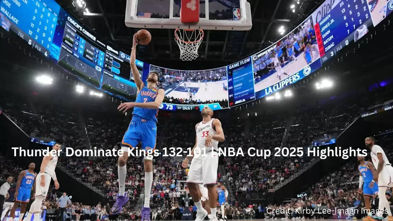 Shai Gilgeous-Alexander flips the ball to the referee during Oklahoma City Thunder&rsquo;s 132-101 win over the Sacramento Kings in the NBA Cup.