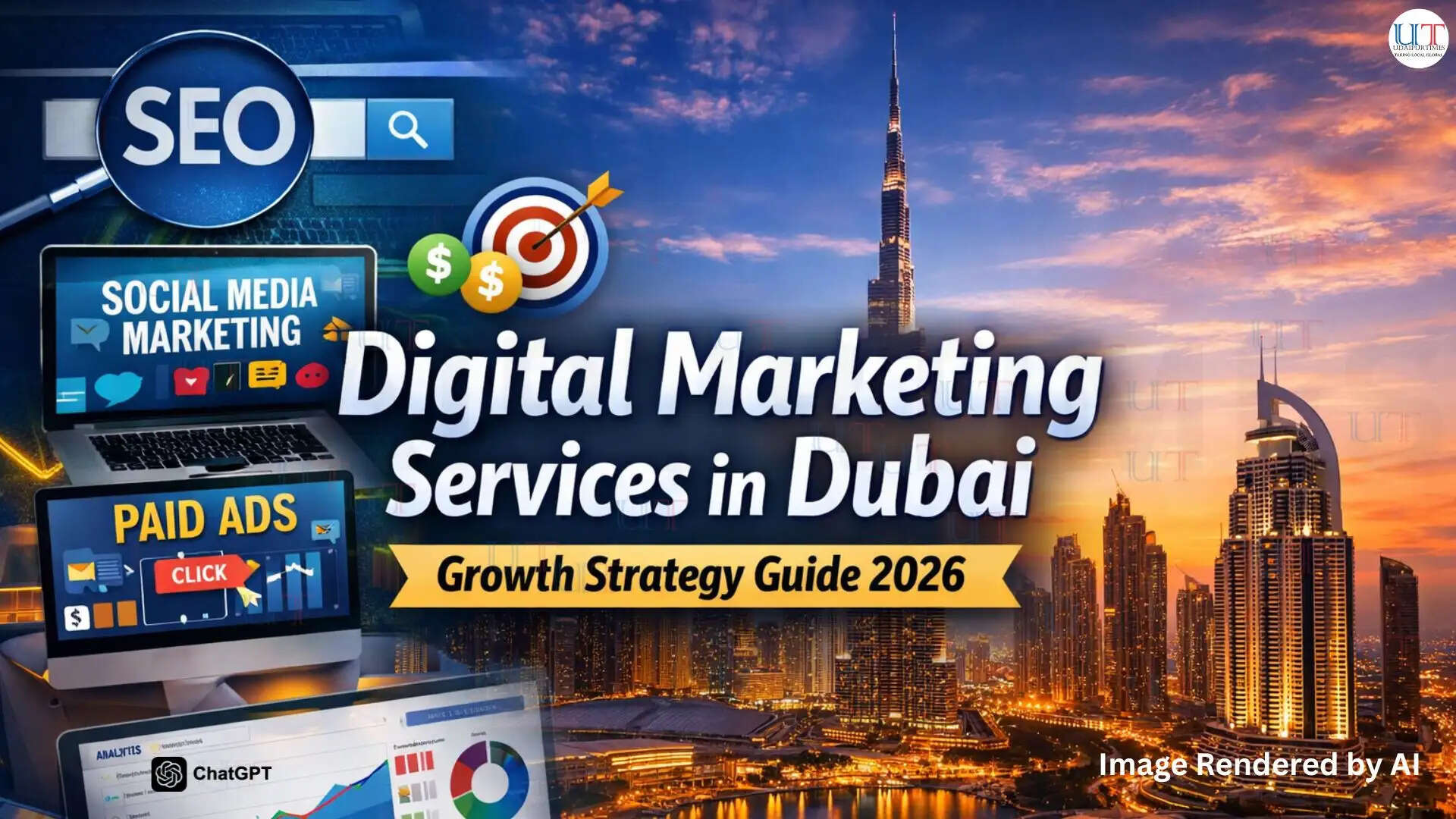 Professional digital marketing strategy concept showing SEO, social media marketing, paid ads, and analytics growth dashboard in Dubai business environment.