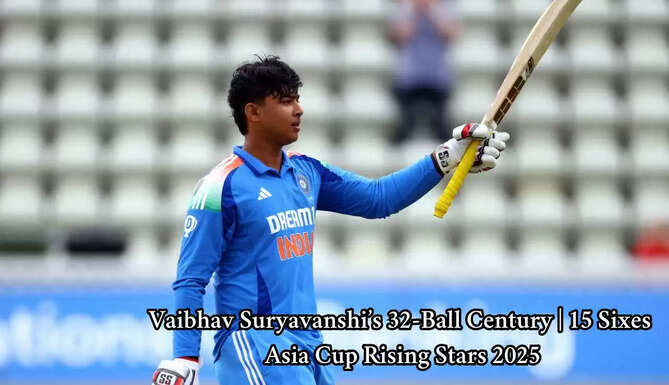 Vaibhav Suryavanshi hitting a 32-ball century with 15 sixes in Asia Cup Rising Stars match in Doha