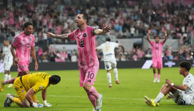 Lionel Messi celebrates after scoring a brace for Inter Miami against San Luis to become the all-time leading scorer in Leagues Cup history.