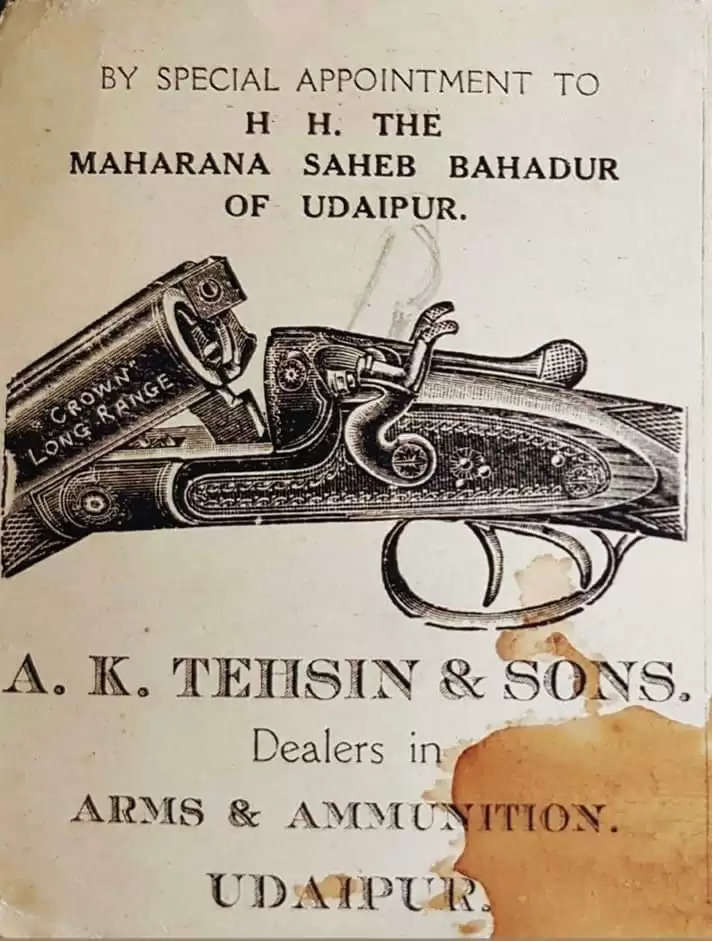 Tafazzul Hussain Tehsin given exclusive rights to Arms and Ammunition  and Gunpowder in Mewar and Udaipur. First Arms and Ammunition  Shop set up in Udaipur and Mewar, Arefa Tehsin