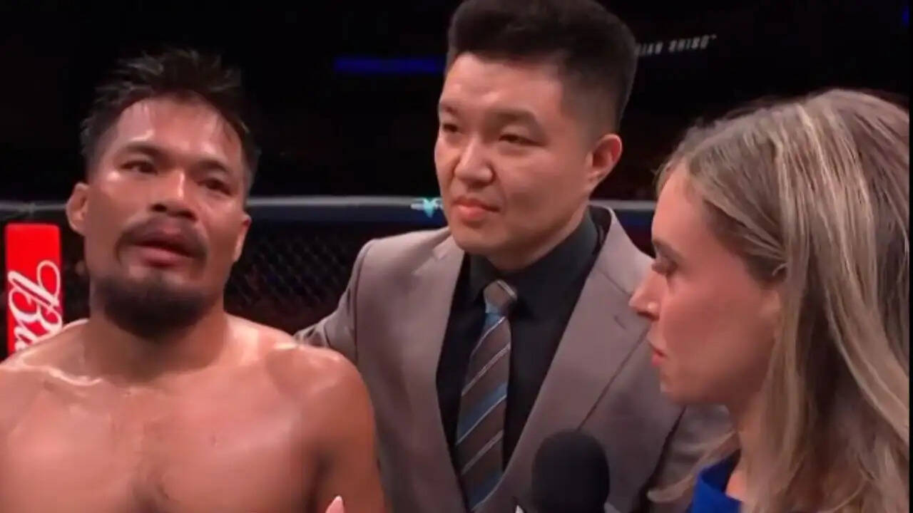 Indian MMA fighter Chungreng Koren celebrates after defeating Ryuho Miyaguchi at Road to UFC with an emotional Bharat Mata Ki Jai celebration.