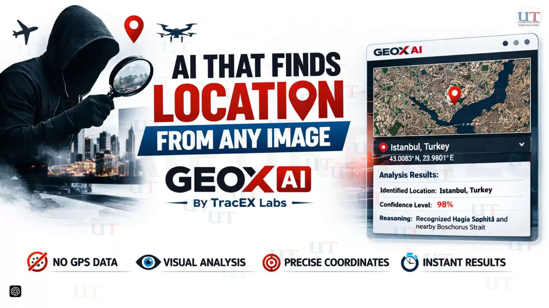 GEOX AI platform interface showing geolocation analysis of an image using artificial intelligence