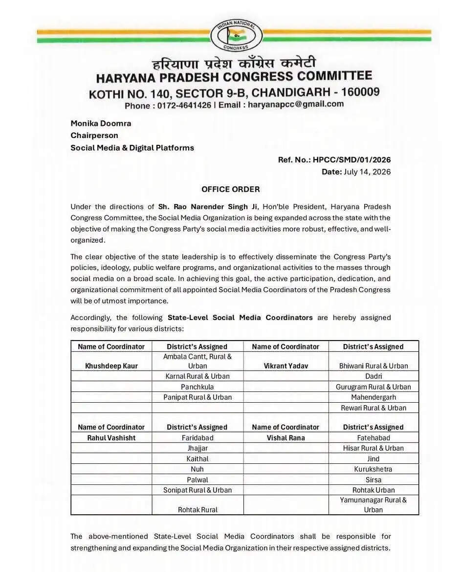 हरियाणा कांग्रेस ने प्रदेश के सोशल मीडिया के लिए की अहम नियुक्तियाँ
