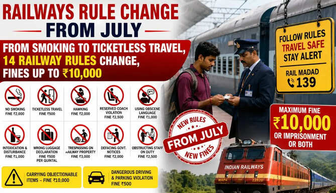 Passengers at an Indian Railways station highlighting the new railway rules, ticket penalties and updated fines introduced in 2026.