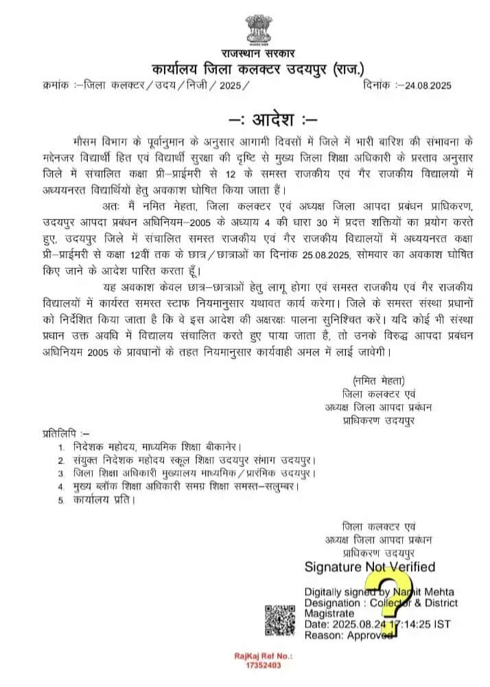 Schools Disrupted Due to Orange Alert in Udaipur - Classes Suspended on 25 August