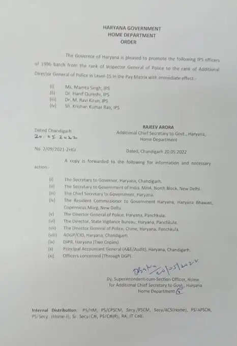 हरियाणा में इन IPS अफसरों को मिला प्रमोशन का तोहफा, देखें पूरी लिस्ट
