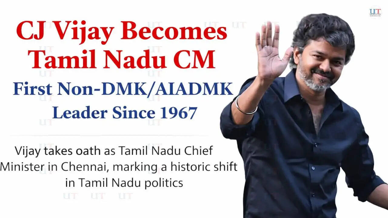 CJ Vijay taking oath as Tamil Nadu Chief Minister during swearing-in ceremony at Jawaharlal Nehru Stadium in Chennai