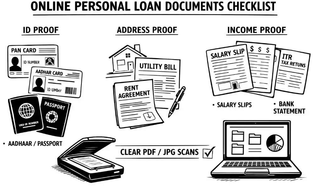 Checklist of digital documents required for online personal loan approval including ID proof, address proof, and income documents