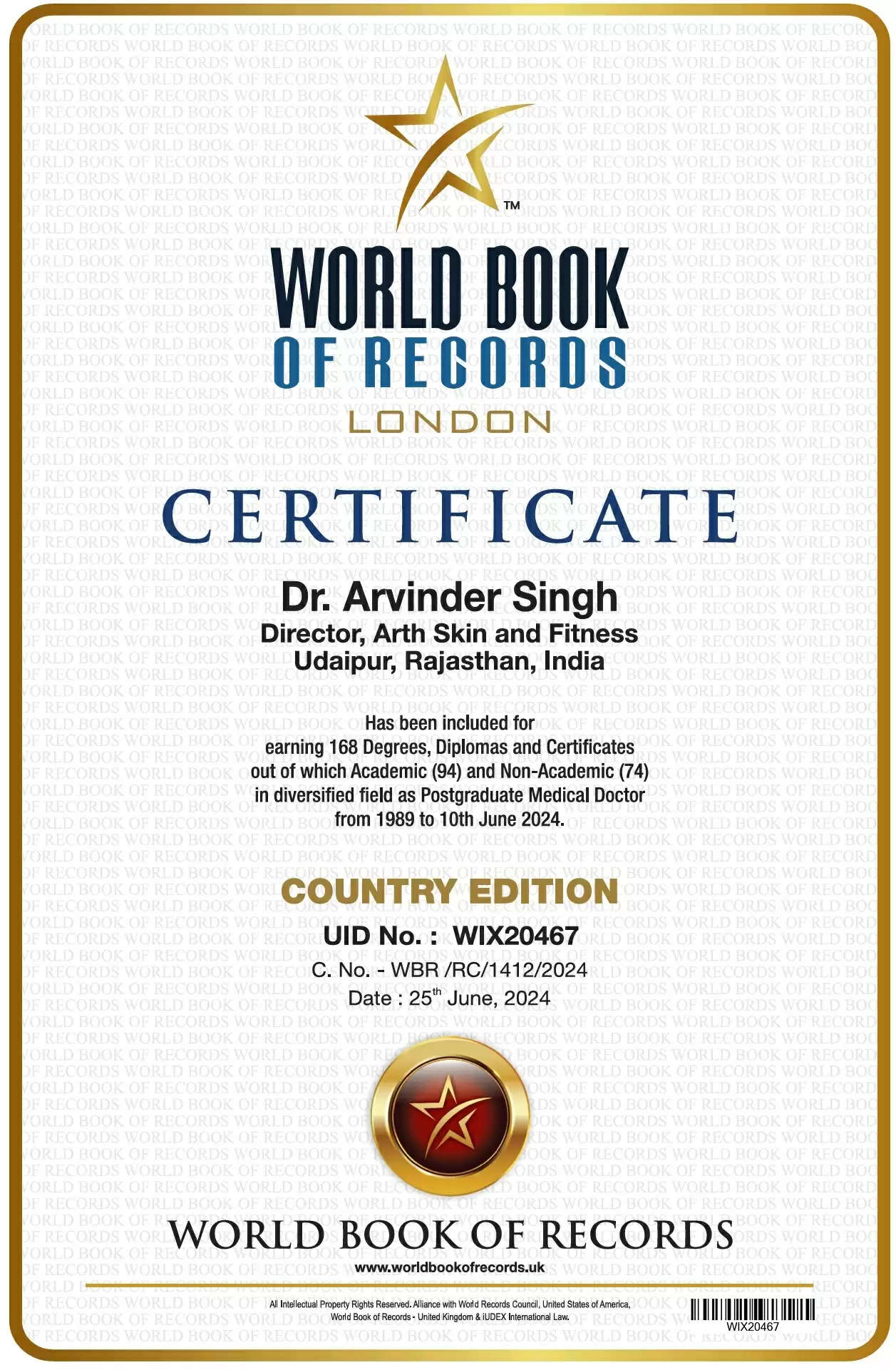 Dr Arvinder has been included in the World Book of Records London for the  third time in the last 2 years, becoming the first Doctor from India to have three world records to his name