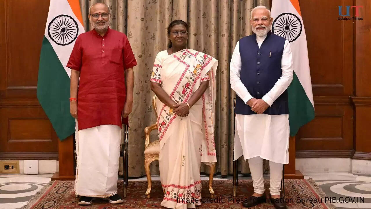 President Droupadi Murmu administering oath of office to CP Radhakrishnan as Vice President of India at Rashtrapati Bhavan, September 12, 2025