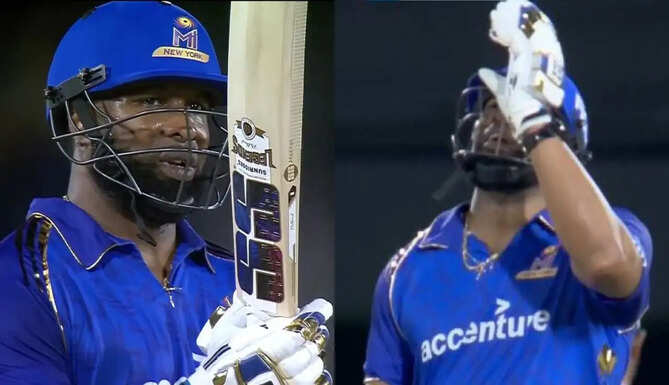 Kieron Pollard celebrating century for MI New York after becoming highest T20 run-scorer in MLC 2026 against Washington Freedom