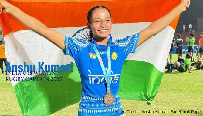 Anshu Kumari, captain of India&rsquo;s U-18 Women&rsquo;s Rugby Team, holding rugby ball with teammates in stadium