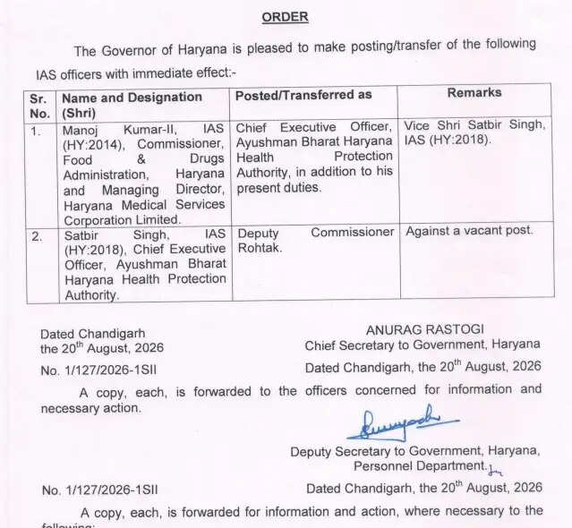 हरियाणा में बड़ा प्रशासनिक फेरबदल
