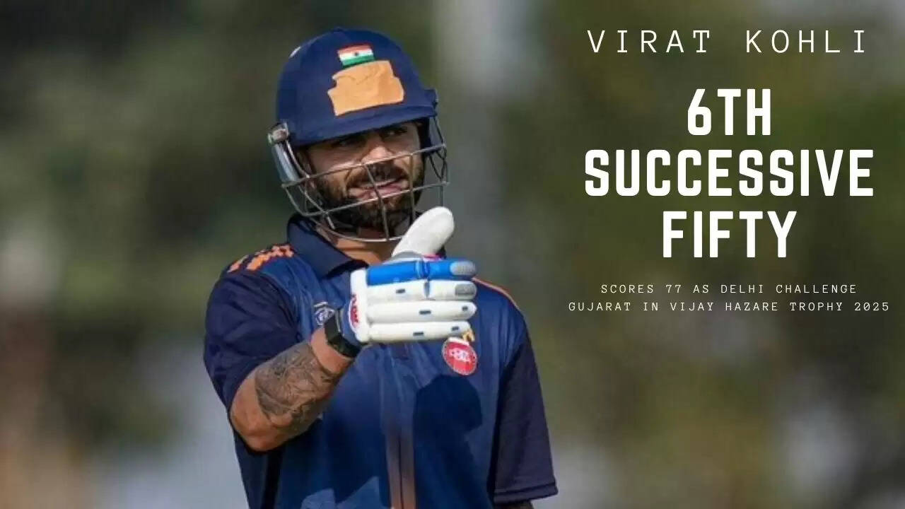 Virat Kohli celebrates his 77-run knock against Gujarat in the Vijay Hazare Trophy 2025