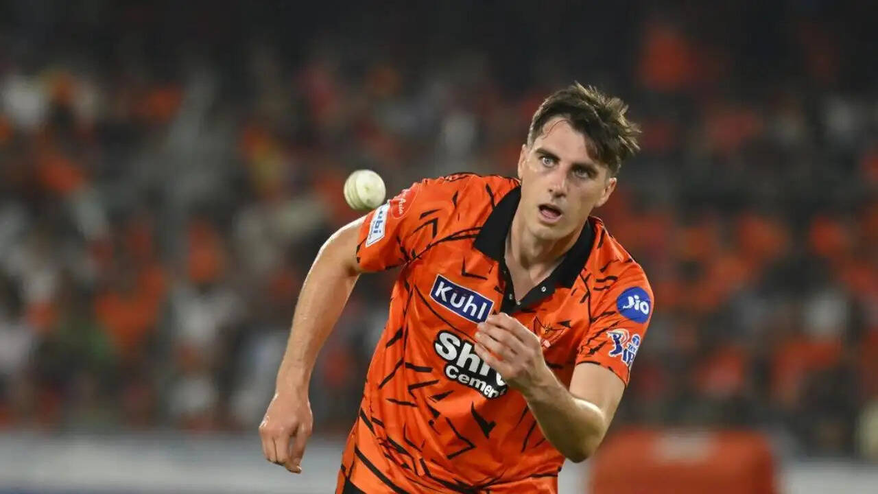 Pat Cummins reacts during the IPL 2026 match as Sunrisers Hyderabad suffer an 82-run defeat against Gujarat Titans at Narendra Modi Stadium.