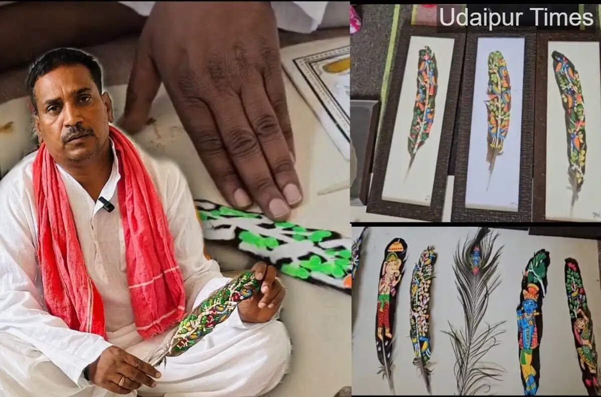 Mangilal Bhil, a tribal artist from Udaipur, creating traditional Bhil paintings on peacock feathers inspired by Mewar culture and Gawari traditions.