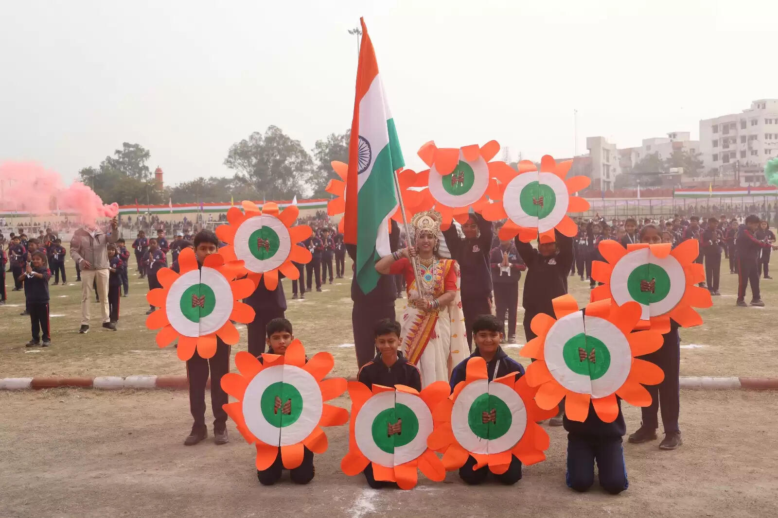 Flag hoisting ceremony during 77th Republic Day celebrations at Gandhi Ground, Udaipur