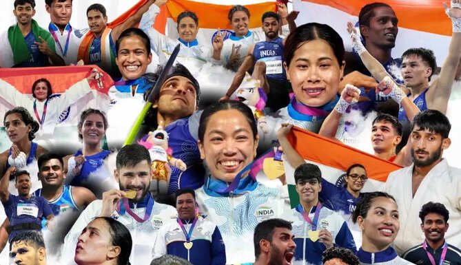Indian athletes celebrate after winning medals at the 2026 Commonwealth Games in Glasgow.