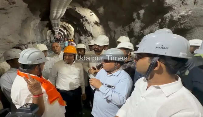Punjab Governor Gulab Chand Kataria inspecting the Devas III and Devas IV drinking water project tunnel and dam construction in Udaipur, Rajasthan.