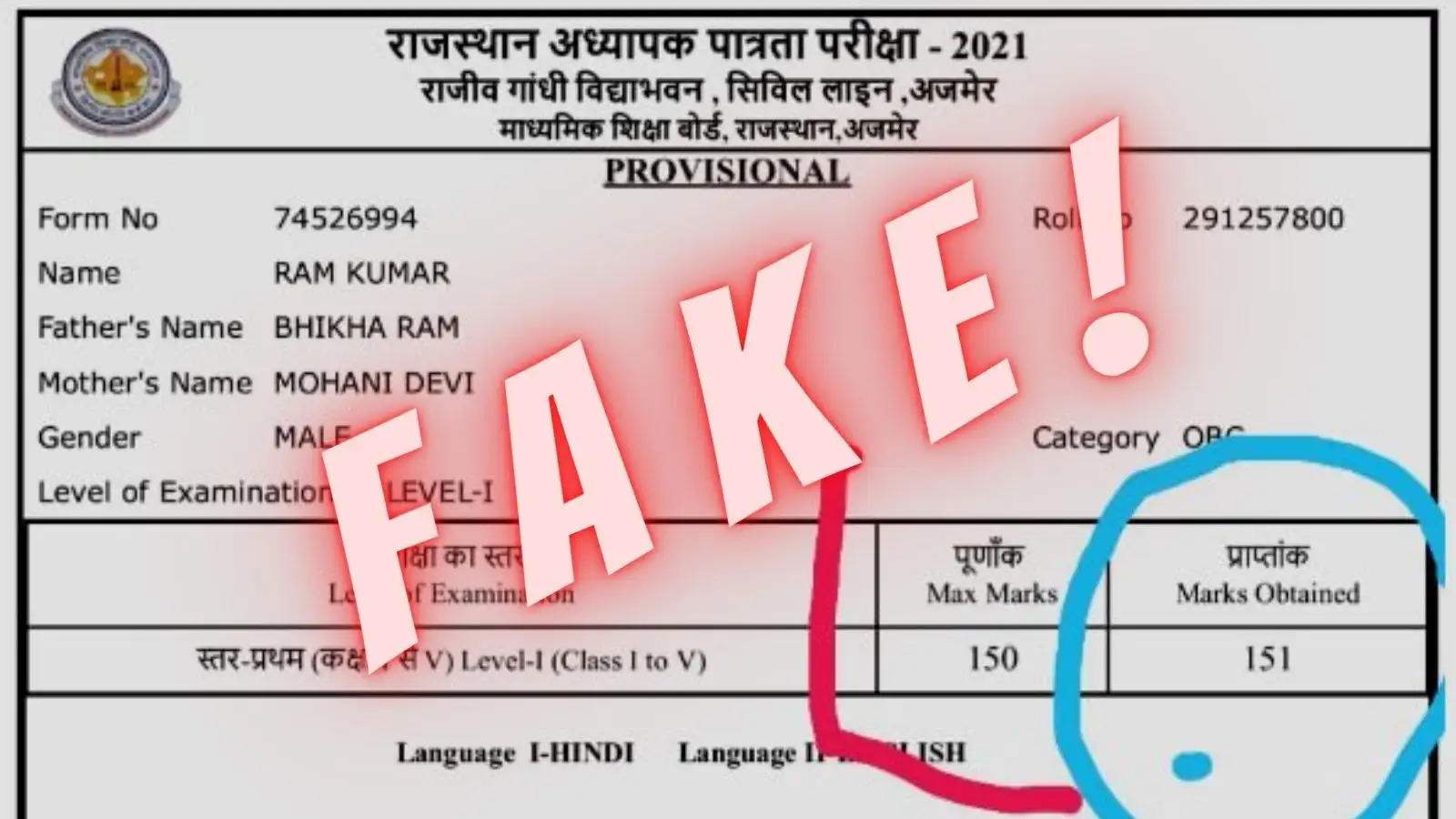 fake mark sheet reet examinations results 2021 ram kumar who is ram kumar reet fake marksheet