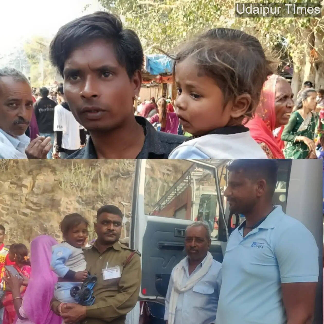 Civil Defence team in Udaipur reuniting a lost child with his father at the Mahashivratri fair