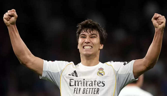 Gonzalo Garcia celebrates after scoring a hat-trick for Real Madrid against Real Betis in La Liga