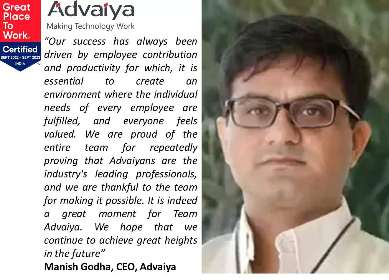 Great Place to Work Certified Advaiya Solutions Udaipur Manish Godha