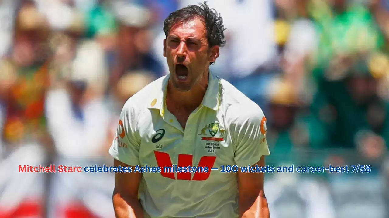 Mitchell Starc celebrating after taking a wicket during the Ashes Test in Perth 