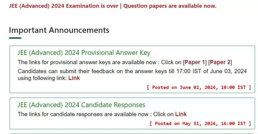 JEE Advanced 2024 Answer Key Realeased