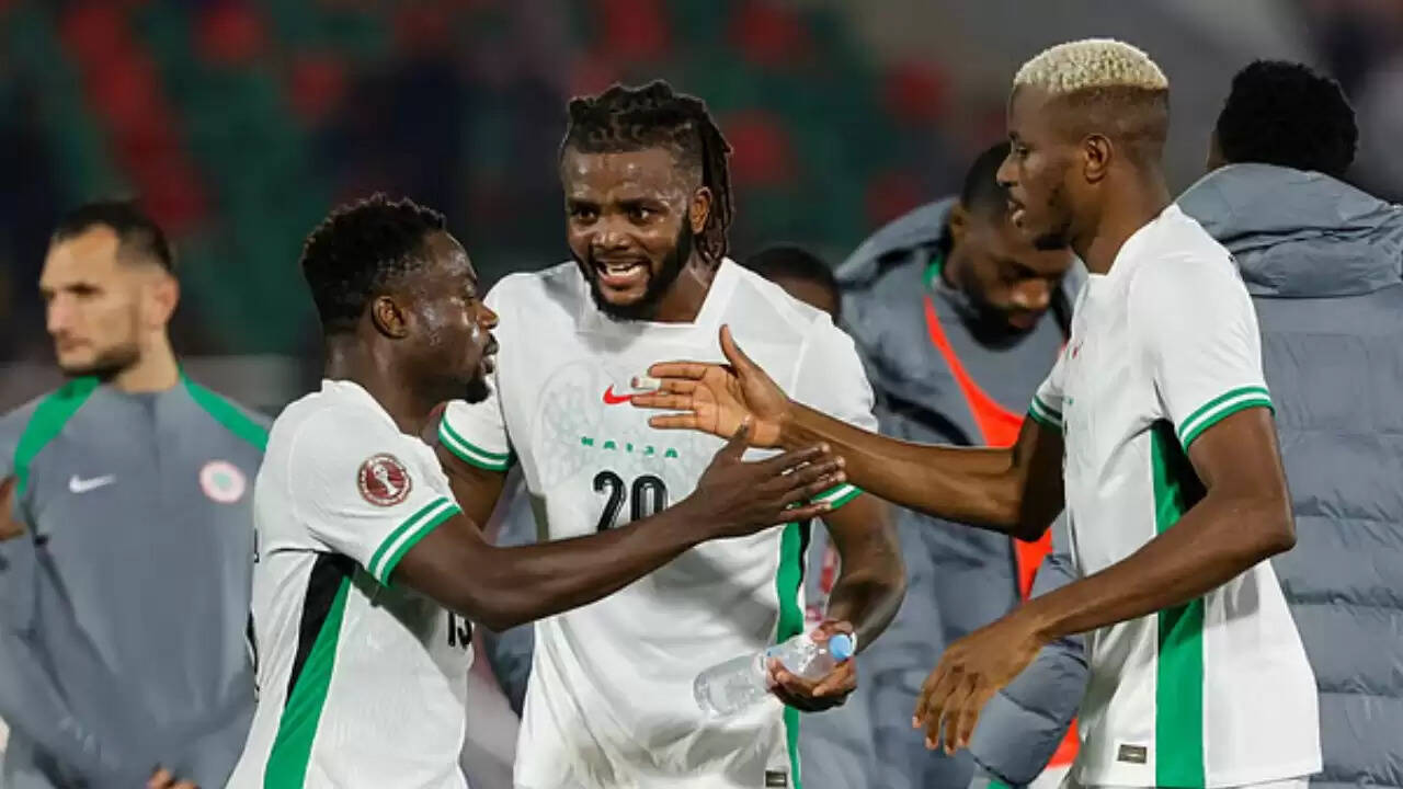 Nigeria players celebrate after defeating Uganda 3-1 to finish top of Group C at the Africa Cup of Nations