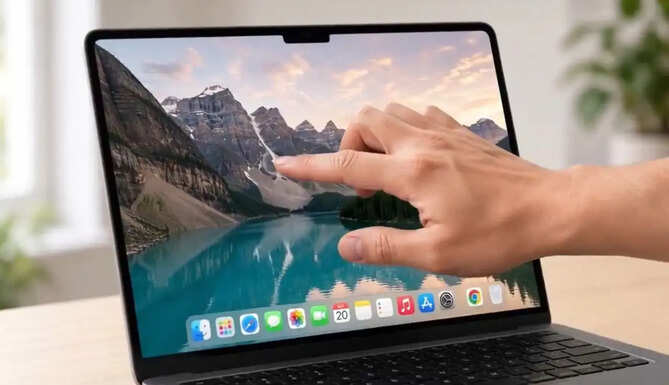 Concept image of Apple's rumoured touchscreen MacBook Pro featuring an OLED display and Dynamic Island.