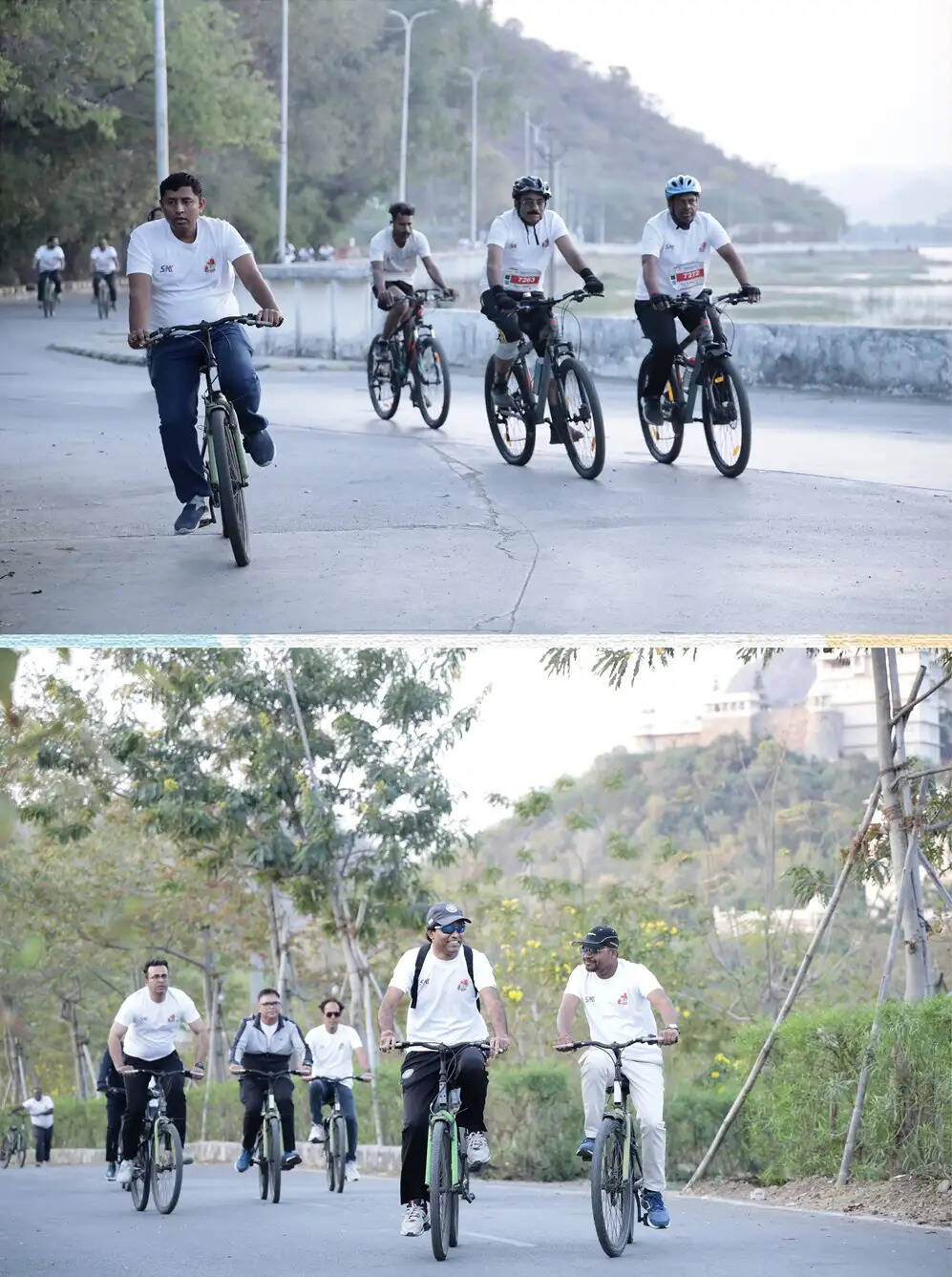 Participants cycling during Rangothon 7.0 community event promoting eco-friendly Holi in Udaipur.