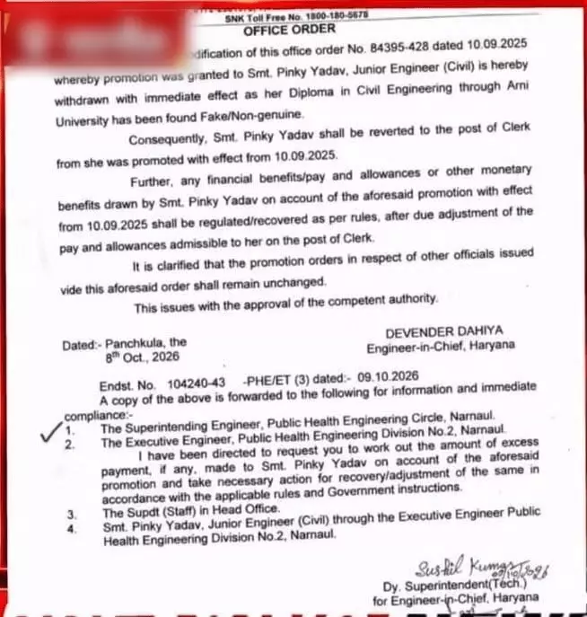 हरियाणा में पूर्व जिलाध्यक्ष की बेटी पर गिरी गाज, फर्जी डिप्लोमा के आधार पर JE पद का प्रमोशन रद्द