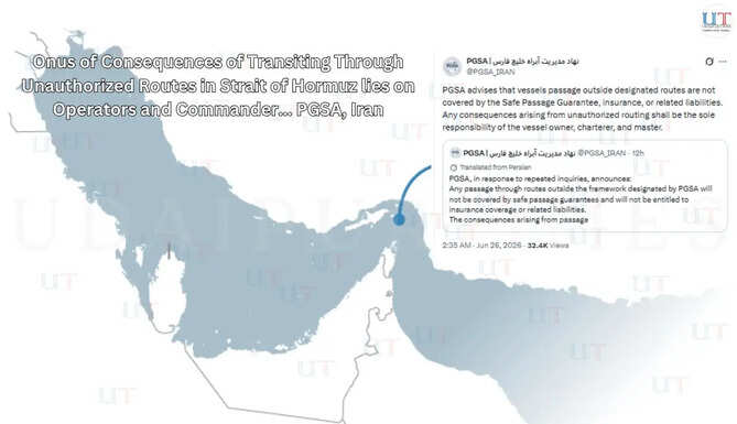 Onus of Consequences of Transiting Through Unauthorized Routes in Strait of Hormuz lies on Operators and Commander... PGSA, Iran