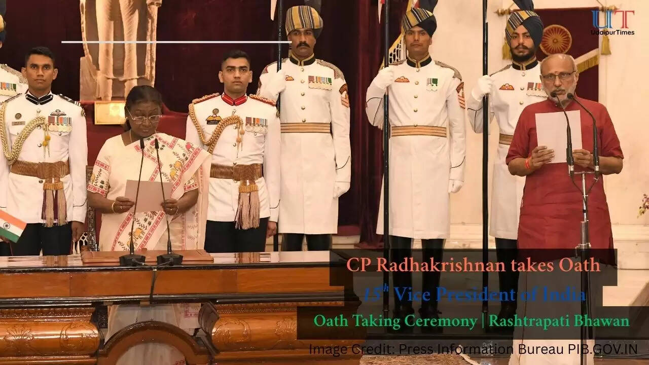 President Droupadi Murmu administering oath of office to CP Radhakrishnan as Vice President of India at Rashtrapati Bhavan, September 12, 2025