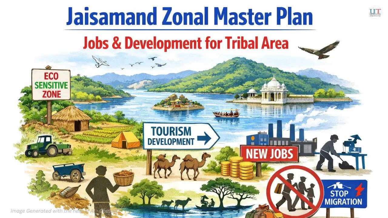 View of jaisamand lake and wildlife sanctuary lake and surrounding hills in Salumbar district