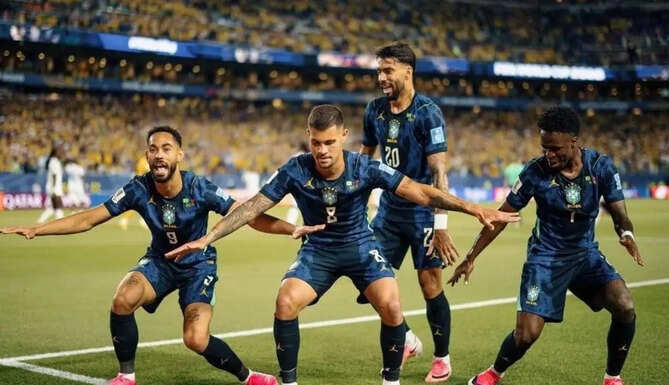 Brazil striker Matheus Cunha celebrates his goal during Brazil's 3-0 FIFA World Cup victory over Haiti.