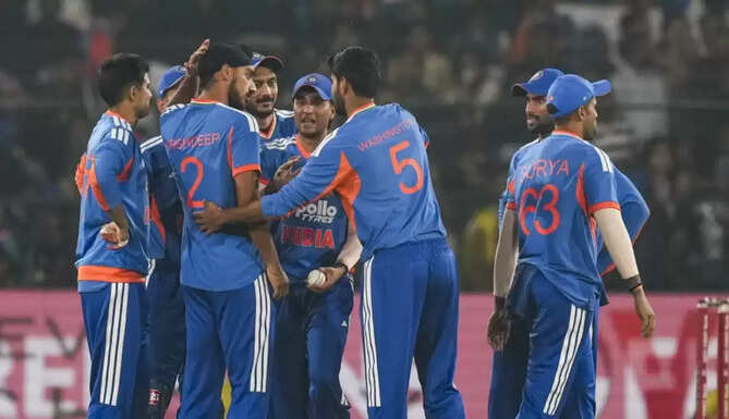 Team India celebrates after bowling out South Africa for 74 runs in the Cuttack T20I, with Hardik Pandya scoring 59 and bowlers dominating