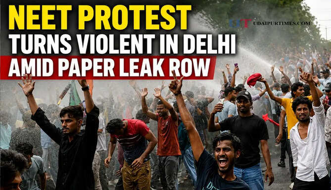 Police use lathicharge and tear gas during the NEET paper leak protest in Delhi as clashes break out near Tolstoy Marg.